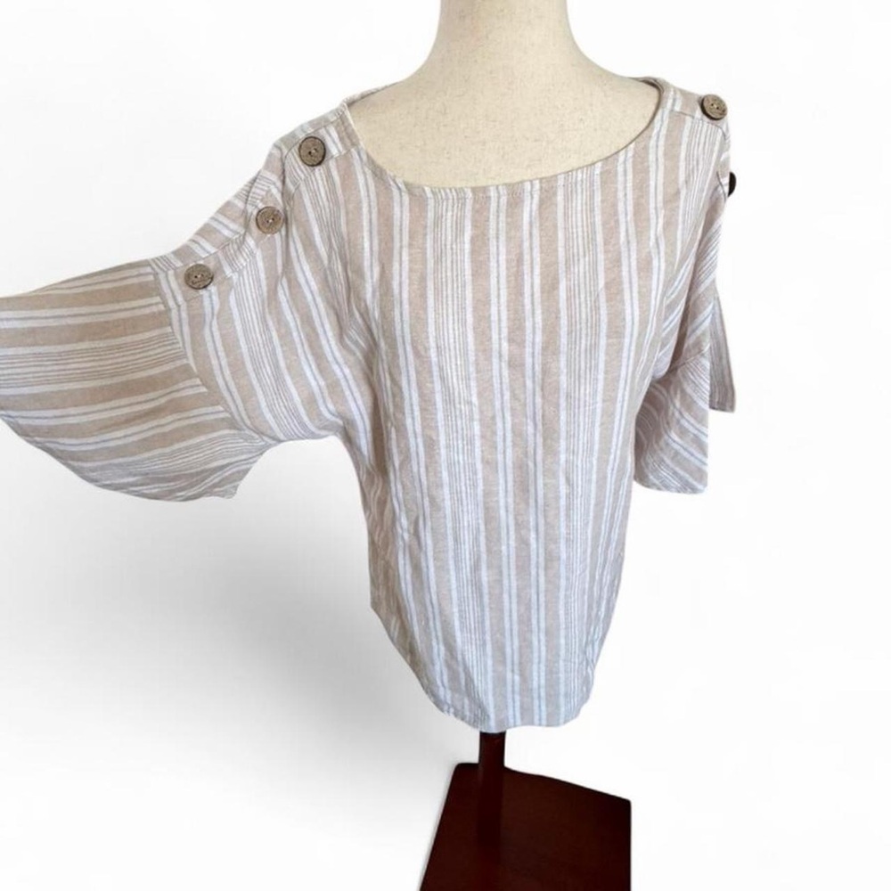 Linen Blend Coastal Minimalist Striped Blouse Wooden Buttons Oversized Small